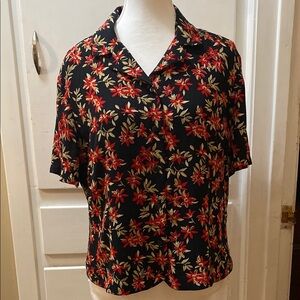 PENDLETON Vintage Black Floral Red Tan Flowers Short Sleeve Collared Shirt 16
